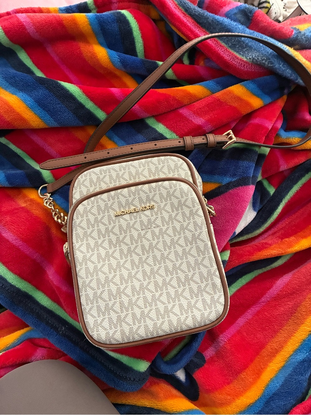 Michael Kors White and Gray Signature MK Logo Detail Gold Purse